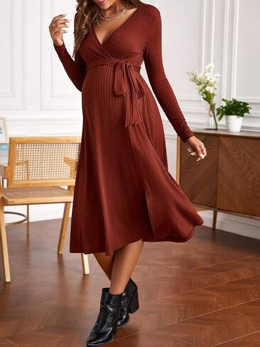 Verdusa Women's Maternity Deep V Neck Long Sleeve Pregnancy Belted A Line Dress in Saudi Arabia