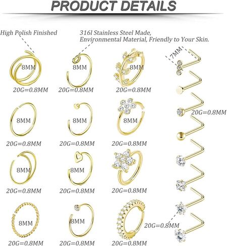 حلقة الأنف ترصيع 20 قطعة 20 جرام Sugical الصلب الأنف الدائري هوب للنساء L على شكل الأنف ترصيع الزنمة الغضروف اللولب القرط هيئة ثقب المجوهرات in Kuwait