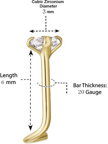 Lavari Jewelers 20 Gauge Curved Screw Nose Ring for Women in 14k White or Yellow Gold with 2 mm 3 mm Cubic Zirconia in Saudi Arabia
