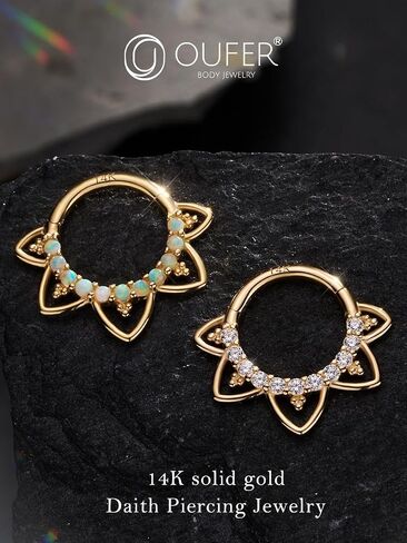 OUFER 16G Daith Piercing Jewelry, 14K Solid Gold Daith Earrings, Clear CZ Design Daith Hoop Earring, Helix Cartilage Septum Piercing Jewelry in Saudi Arabia