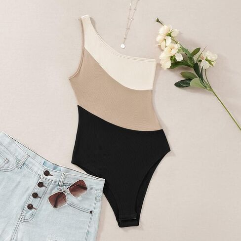 GORGLITTER Women's Ruched One Shoulder Bodysuit Sleeveless Solid Leotard Jumpsuits in Saudi Arabia