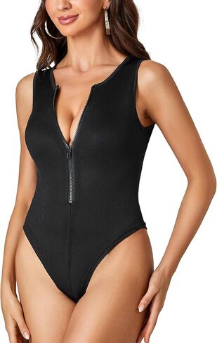 LYANER Women's Zipper Crewneck Sleeveless Knit Ribbed Slim Bodysuit Tank Tops Shirt in Saudi Arabia