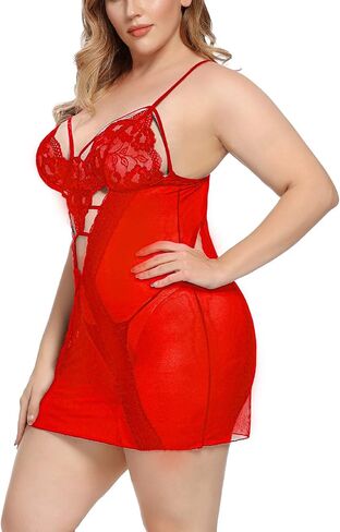 Sexy Lingerie for Women Plus Size Cutout Outfits Flore Lace Chemise Strappy Mesh V- Neck Babydoll in Kuwait