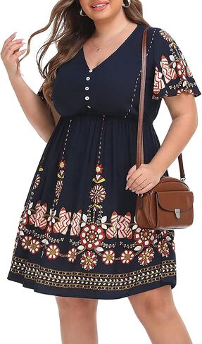 Pinup أزياء المرأة حجم كبير بوهو زر الجبهة فساتين مكشكشة قصيرة الأكمام طول الركبة الصيف السببية فستان محكم من عند الصدر ويتدلى بشكل واسع in Saudi Arabia