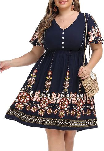 Pinup أزياء المرأة حجم كبير بوهو زر الجبهة فساتين مكشكشة قصيرة الأكمام طول الركبة الصيف السببية فستان محكم من عند الصدر ويتدلى بشكل واسع in Saudi Arabia