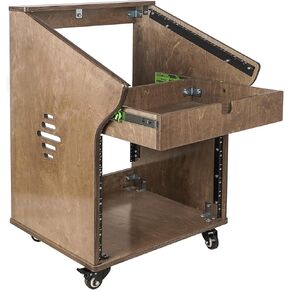 Sound Town DIY Solid Baltic Birch Plywood Studio Rack with 11U Slant Mixer Top, 10U Front, 2U Drawer, Rubber Feet, Casters, Weathered Brown (SDRK-M11X10B)