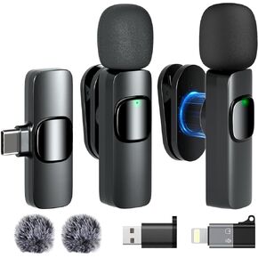 Wireless Lavalier Microphone, 2 Pack 3-in-1 Mini Cordless Small Clip Microphone, Lapel Mics with Magnetic 360°Adjustable Microphone Noise Canceling