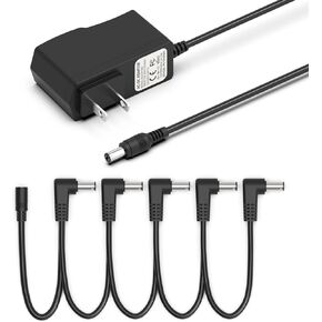 Guitar Pedal Power Supply Adapter 9V DC 1A, Compatible for Guitar Pedal Bass Effect Pedal Board (Tip Negative), 5 Way Daisy Chain Cables