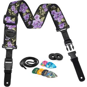 LEKATO Floral Bass Strap, Flower Guitar Strap for Bass Electric Acoustic Guitar 2" Wide with Clip Buckle, Rose Embroidery Woven Guitar Straps with Pick Holder, 2 Blocks, 6 Picks (Purple)