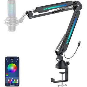 TONOR Mic Boom Arm with RGB, Microphone Arm with Desk Mount Clamp, App Control RGB Mode, Adapter, Cable Management, Compatible with HyperX Quadcast, Blue Yeti, for Streaming, Gaming, Studio, T20S