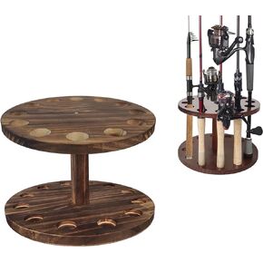 Aventik Fishing Rod Rack for Garage, Vertical Fishing Pole Holders Wooden Round Storage Floor Stand, 12 Rods Rolling Fishing Rod/Pole Holders (Brown)