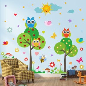 2 Sheet of 12x35 inch Watercolor Tree Animal Wall Stickers Jungle Animals Wall Decals Bear Deer Rabbit Wall Stickers Removable Vinyl DIY Wall Art Decor Stickers for Kids Room Bedroom Decor