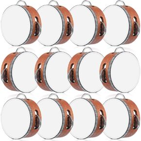 12 Pcs 4 Inch Wedding Tambourine Drum for Adults Walnut Color Hand Held Percussion Gift Wood Jingles Musical Educational Drum Instrument for Church Wedding Church Party Games