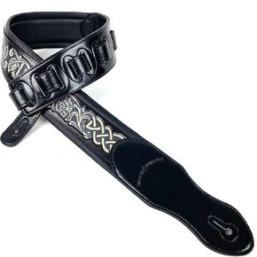 Walker And Williams KB-05-BLK Black Full Grain Center Block Premium Carving Leather Padded Guitar Strap With Aged White Carved Celtic Chain For Acoustic, Electric, And Bass Guitars