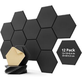12 Pack Acoustic Panels Sound Absorbing, Self Adhesive Sound Proof Panels, Hexagon High Density Sound Deadening Panels, 12"X10"X0.4" Wall Decor for Bedroom,Home,Studio,Office(Black)