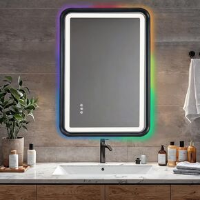ANDY STAR 20X28’’ LED Bathroom Mirror with Lights, Black Metal Frame Rounded Lighted Bathroom Mirror RGB Backlit and Front lit, Stepless Dimmable,Antifog, Memory,3 Colors