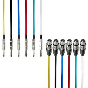 AxcessAbles XLR Female to 1/4" TRS Balanced 25ft Speaker Color Cable Pack | Balanced Speaker, Microphone Snake Cords (25ft - 6 Pack)