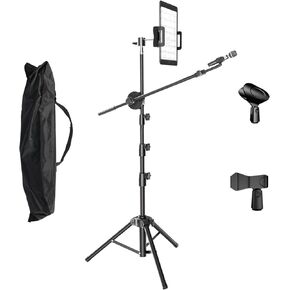 Kereal Microphone Stand Floor Boom Mic Stand with 360° Ball Head Tablet Holder, Two Mic Clips for Singing, Portable Mic stands Adjust Hight From 17" to 83" for Studio, Stage, Karaoke, DJ, Kids