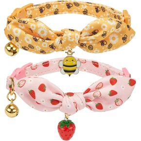 2 Pack Cotton Cat Collar, Removable Bowtie, Floral Pattern, Safety Breakaway Clasp, Adjustable for Cats.(Adult Cat, Bee+Strawberry)
