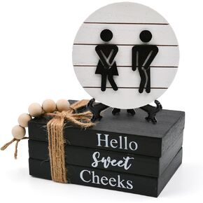 Bathroom Shelf Decor Farmhouse Funny Bathroom Decor Signs,3D Round Shiplap Signs and Book Stack-Hello Sweet Cheeks,Wooden Rustic Decor for Restroom Shelf Guest Bathroom(Black)