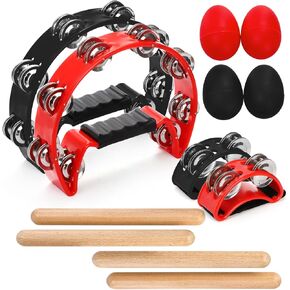 12 Pcs Tambourines for Adults, Hand Held Half Moon Tambourine with Foot Tambourine Wood Rhythm Sticks and Egg Shakers, Double Row Metal Jingles Hand Percussion Instrument Set for Party
