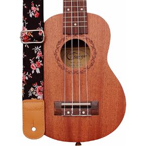 MUSIC FIRST Original Design “Rosa Multiflora in Black" Soft Muslin & Genuine Leather Ukulele Strap Ukulele Shoulder Strap