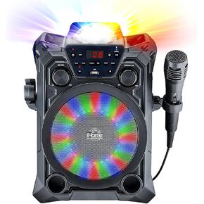 iHome Karaoke Machine Wireless Bluetooth Speaker System and Microphone with LED Disco party lights, echo control, USB, Compatible with Samsung Apple Tablets MP3