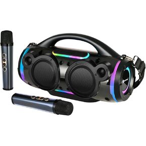 Karaoke Machine with Two Wireless Microphones 60W Portable Karaoke System for Adult/Kid Family Party Rechargeable Bluetooth Multiple LED Pattern Support TWS/Radio/AUX/REC