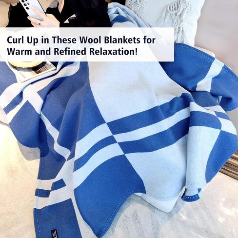 Wool Blanket & Throws 90% Wool Warm Blanket Soft Couch Blankets 75"x55" Twin Throw Blankets for Living Room, Camping, Outdoors, or Car Travel with Exquisite Box for Gift (Blue) in Kuwait
