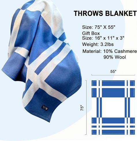 Wool Blanket & Throws 90% Wool Warm Blanket Soft Couch Blankets 75"x55" Twin Throw Blankets for Living Room, Camping, Outdoors, or Car Travel with Exquisite Box for Gift (Blue) in Kuwait