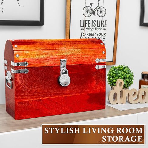 صندوق كنز القراصنة المصنوع يدويًا من Vizayo مع قفل ومفاتيح - صندوق تخزين خشبي عتيق مقاس 16 × 12 بوصة مع غطاء مفصلي - صندوق تخزين عتيق مزخرف مصنوع من خشب المانجو الصلب والقوي (أسود) in Kuwait