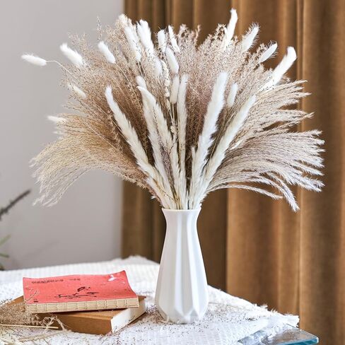 100 قطعة من عشب بامباس لديكور غرفة المنزل البوهيمي، زهور بامباس المنفوش باللون البني والأبيض الطبيعي، باقة زهور مجففة 43.18 سم لطاولة غرفة النوم الغربية، حمام الزفاف، ديكور حمام الطفل in Kuwait