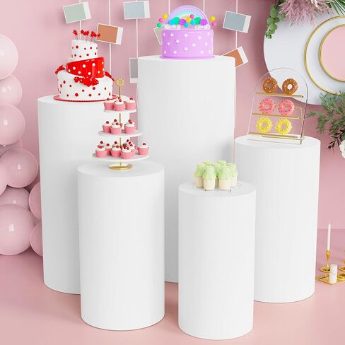 Spandex Cylinder Pedestal Covers Beige Set of 3 Cylinder Plinth Stand Cover for Parties Wedding Pillars Baby Shower Dessert Tables Birthday Party Event Decor in Kuwait