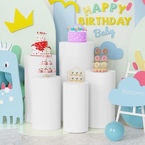 Spandex Cylinder Pedestal Covers Beige Set of 3 Cylinder Plinth Stand Cover for Parties Wedding Pillars Baby Shower Dessert Tables Birthday Party Event Decor in Kuwait