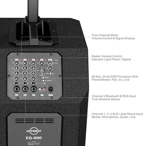 EQ-800 Portable Bluetooth Line Column Array System Professional Powered Loudspeaker 4 Way Dj PA Speaker 1300W with 12 inch Active Subwoofer, Black (1SET) in Saudi Arabia