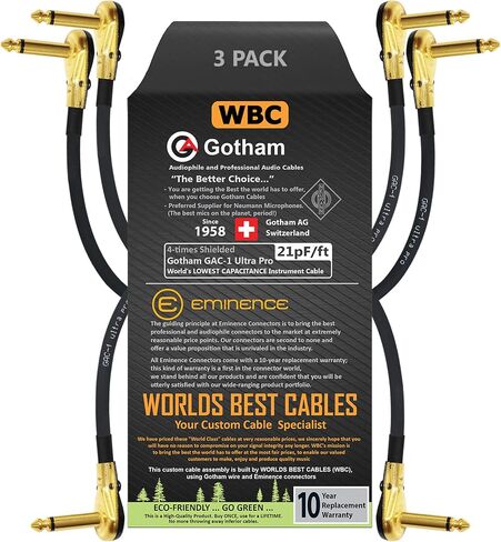 WORLDS BEST CABLES 3 Units - 15 Inch - Gotham GAC-1 Ultra Pro - Low-Cap (21pF/ft) Guitar Bass Effects Instrument, Patch Cable & Gold (6.35mm) Low-Profile R/A Pancake type Connectors - CUSTOM MADE in Saudi Arabia