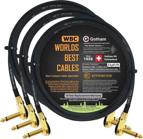 WORLDS BEST CABLES 3 Units - 3 Foot - Gotham GAC-1 Ultra Pro - Low-Cap (21pF/ft) Guitar Bass Effects Instrument, Patch Cable & Gold (6.35mm) Low-Profile R/A Pancake type Connectors - CUSTOM MADE in Saudi Arabia