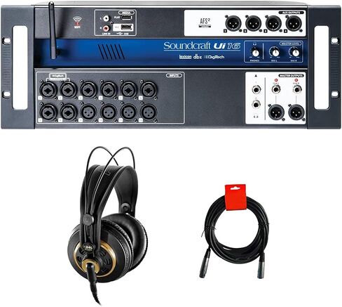 خلاط رقمي Soundcraft Ui16 مزود بـ 16 مدخل يمكن التحكم فيه عن بعد مع سماعات رأس ستيريو AKG K240 Studio Pro وكابل XLR in Kuwait