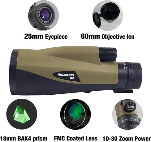 Andmars Zoom 10-30x60 منظار أحادي عالي الطاقة عالي الدقة للبالغين. تلسكوب مقاوم للماء مع حافظة جلدية وجسم معدني ومحول هاتف وحامل ثلاثي القوائم. FMC المغلفة ومنشور BAK4. لصيد الطيور والمشي لمسافات طويلة. (رمادي) in Kuwait