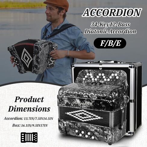 34 Keys 12 Bass Accordion - Adult Accordion in F/B/E, Push-Pull Heterophonic - Premium Quality (Sliver) in Kuwait