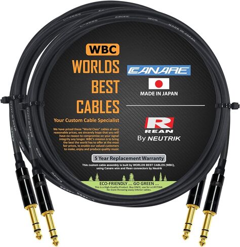 2 Units - 4 Foot - Canare L-4E6S Star Quad, Patch Cable terminated with Neutrik-Rean NYS ¼ Inch (6.35mm) Gold TRS Stereo Phone Plugs - CUSTOM MADE By WORLDS BEST CABLES. in Saudi Arabia