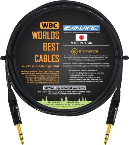 WORLDS BEST CABLES 3 Foot - Canare L-4E6S, Star Quad Balanced TRS Patch Cable with Eminence Gold E502 TRS Stereo Plugs - Custom Made in Saudi Arabia