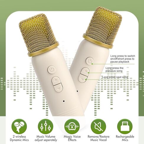 آلة كاريوكي مع 2 ميكروفونات لاسلكية، مكبر صوت كاريوكي صغير محمول بلوتوث مع أضواء LED للأطفال والكبار وأعياد ميلاد البنات والأولاد والحفلات المنزلية (بيج) in Kuwait