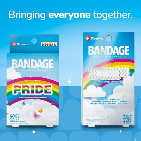 BioSwiss Bandages, Rainbow Pride Shaped Self Adhesive Bandage, Latex Free Sterile Wound Care, Fun First Aid Kit Supplies, 50 Count in Kuwait