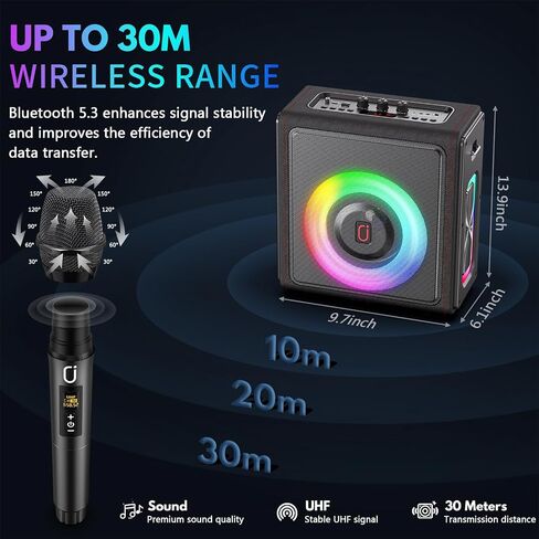 Karaoke Machine with 2 Wireless Microphones, Portable Bluetooth 5.3 Karaoke Speaker with Latest DSP Chip for Adults, PA System with LED Lights, Echo Adjustment, Support TWS/TF Card/USB/AUX/Live in Saudi Arabia