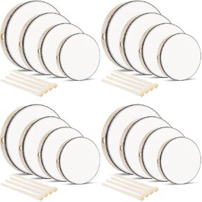 16 قطعة طبلة يدوية مع 16 قطعة طبلة عصا 6 بوصة 8 بوصة 10 بوصة 12 بوصة إطار خشبي طبل الكبار الأطفال الطبول الموسيقية التعليمية الآلات الإيقاعية للمنزل والمدرسة والحفلات، أبيض in Kuwait