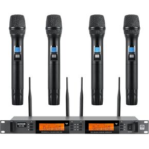 Wireless Microphone System 4 Channel, UHF Metal Cordless Handheld Mics Set - 200 Adjustable Frequencies, Auto Scan & Memory Function, 300ft Range, Ideal for Karaoke Church Wedding（UG-240