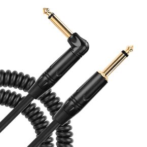 CERRXIAN 8FT Audio Instrument Spring Cable,Black Spring Electric Instrument Cable,Gold Plated Straight 1/4" TS to Right Angle 1/4" TS Electric Guitar Bass Pro Audio Cable