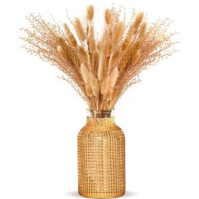 ZENS Rattan Boho Vase, Hand Woven Wicker Cover Glass Flower Vase for Pampas Grass, Artistic Boho Style Fall Vase Country Vase for Fall Flower Decor, Home Table Centerpiece, Farmhouse Decorative