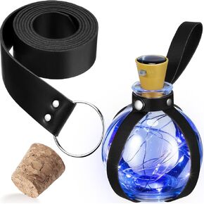 Geyoga Dark Magic Cork Potion Bottle with Leather Belt Halloween Round Spherical Glass Bottle LED Wine Bottle Light for Women Men Witch Wizard Costume (Black with Blue Light) in Kuwait